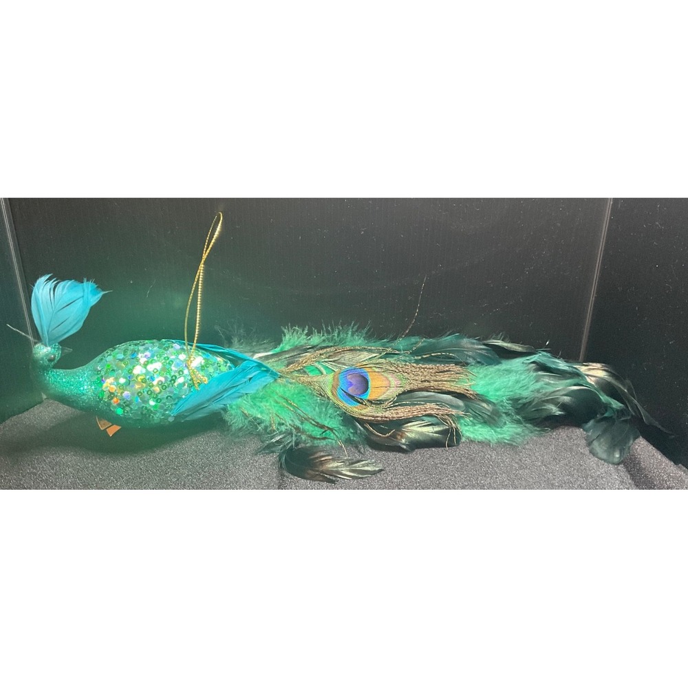 Peacock clip-on Holiday Christmas ornament Sequins & glitter, feathers 13"